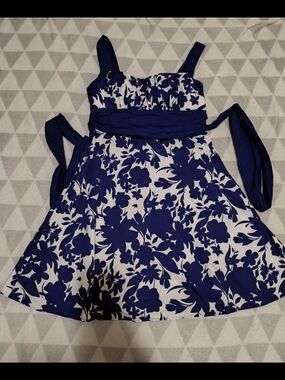dressbarn Navy and White Floral Fit-and-Flare Dress with Waist Sash